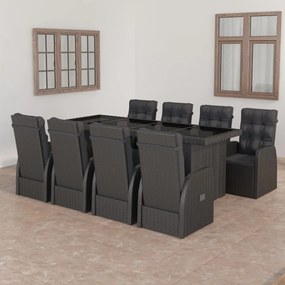 vidaXL 9 pcs conjunto jantar exterior com almofadões vime PE preto