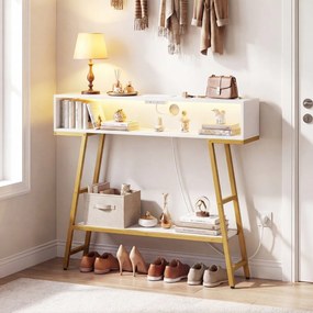 Mesa consola com luz LED e base de carregamento 100 x 20 x 86,5 cm, 3 níveis, com compartimento e prateleira, para corredor, entrada ou sala de estar,