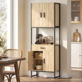 Armário de Cozinha, 60 x 30 x 170 cm, Portas com Fecho Suave, Cor Madeira Natural