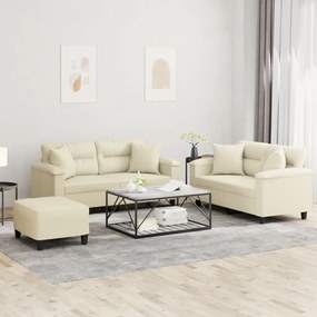 3 pcs conjunto de sofás com almofadas couro artificial creme