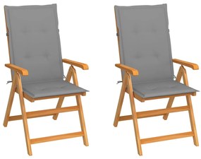 3062377 vidaXL Cadeiras de jardim c/ almofadões cinzentos 2 pcs teca maciça