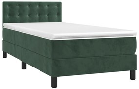 Cama box spring c/ colchão/LED 100x200 cm veludo verde-escuro