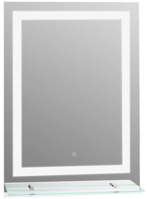 kleankin Espelho para Casa de Banho 70x50 cm com Moldura de Alumínio, Luzes LED, Interruptor Tátil e Prateleira de Vidro Prata | Aosom Portugal