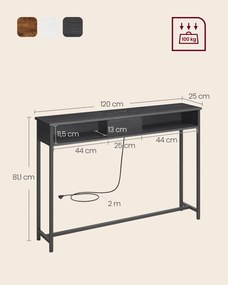 Mesa consola com 2 tomadas e 2 portas USB 25 x 120 x 81,1 cm Preto antracite e cinzento