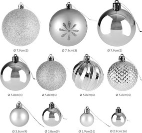 Conjunto de 103 bolas de Natal com diversos tamanhos e padrões Prateado