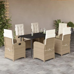 7 pcs conjunto de jantar p/ jardim com almofadões vime PE bege
