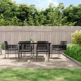 7 pcs conjunto jantar p/ jardim c/ almofadões vime PE/aço preto