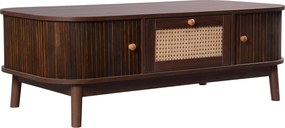 Mesa de Centro em Rattan com Gavetas e Portas em Ripas de Madeira,124x64x13,5cm, Cor natural