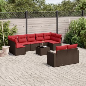 10 pcs conj. sofás jardim com almofadões vime PE castanho