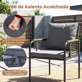 Conjunto Jardim de 3 peças de vime com almofadas, mesa retangular e cadeiras para varanda ou jardim castanho e cinza escuro