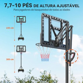 Cesto de basquetebol para Exterior com Altura Ajustável 235-305 cm Saco de Peso e Rodas Preto