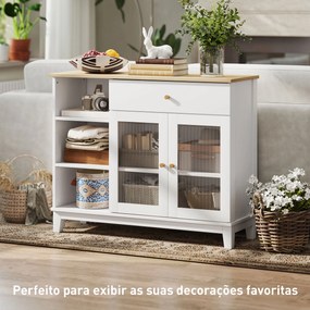 Aparador 2 Portas de Vidro Aparador para Sala Moderno com Gaveta Compartimentos Abertos 100x35x80,3 cm Branco