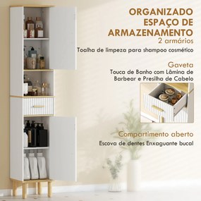 Coluna Estreita para Casa de Banho com Prateleiras Ajustáveis Gaveta e Compartimento Aberto 31,5x29,7x171,5 cm Branco