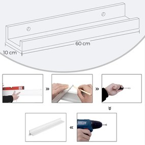 Conjunto de 2 prateleiras de parede suspensas para molduras e livros 10 x 60 x 5/2 cm Branco