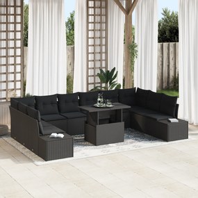 Conjunto de Sofá de Jardim de 11 Peças com Almofadas Preto em Ratan Si