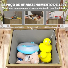 Baú de Exterior em Madeira 130L Arca de Armazenamento com Forro Tampa Articulada e Correia 63x51x58,5 cm Castanho