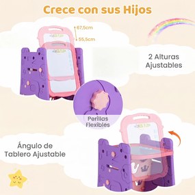 Cavalete Infantil 3 em 1, 43 x 38,5 x 55,5 cm, Quadro de Dupla Face, Rosa