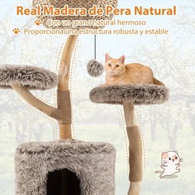 Arranhador para gatos 60 x 105 cm com tronco de pereira sólido com plataforma de galhos com postes para arranhar em sisal natural