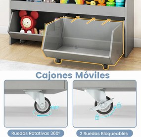 Estante de Brinquedos Infantil, 102 x 30 x 60 cm, Rodas Bloqueáveis, Cinzento