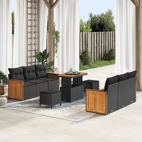 Conjunto de Sofá de Jardim vidaXL de 9 Peças com Almofadas Preto de Rattan Sintético e Acácia
