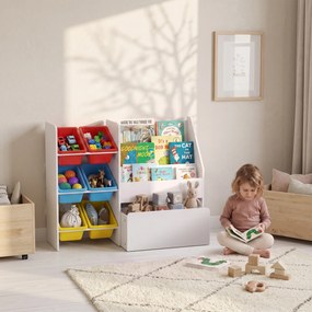 Móvel de Arrumação para Brinquedos, 100 x 30 x 80 cm, 6 Caixas e Baú com Rodas, Multicolor