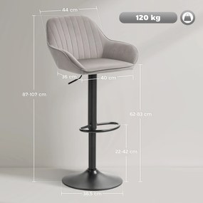 Conjunto de 2 bancos de bar, cadeiras de bar em veludo com encosto, apoio para os pés, altura ajustável e giratórias, na cor cinzenta