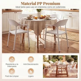 Conjunto de 4 cadeiras de jantar em plástico com encosto curvo, braços e assento amplo; para uso interior e exterior, na sala, terraço ou jardim branc