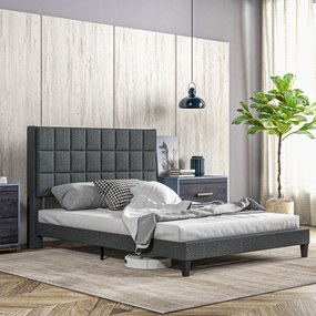 Estrutura de Cama 135x190 cm com Cabeceira Estofada em Linho e Espaço de Armazenamento Debaixo da Cama Cinza