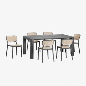 Conjunto De Mesa Retangular 180x100 Cm Arnadine E 6 Cadeiras De Jardim Empilháveis Em Polipropileno Omara Cinza Grafito - Sklum