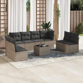 9 pcs conjunto sofás p/ jardim com almofadões vime PE cinzento