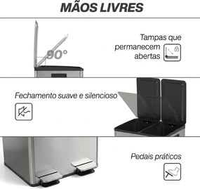 Caixote Lixo de Cozinha em Aço Inoxidável com 2 Compartimentos 2x20L Pedal, Tampas de Fecho Suave e Balde Removível Preto