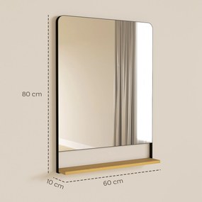 Espelho de parede 80 x 60 cm com prateleira de madeira, espelho retangular moderno com moldura de metal, preto
