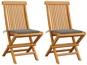 Cadeiras de jardim c/ almofadões cinzentos 2 pcs teca maciça
