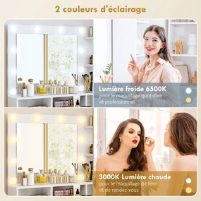 Toucador com espelho e 10 luzes LED  80x40x135 cm, luminosidade regulável, gaveta, armário e prateleiras abertas branco