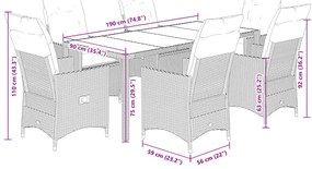 7 pcs conjunto de jantar p/ jardim com almofadões vime PE bege