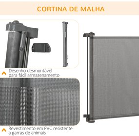 PawHut Barreira de Segurança para Cães Extensível 0-150cm Porta de Proteção Retrátil para Animais de Estimação Barreira para Escadas e Corredores Liga de Alumínio 165x10,7x85cm Cinza