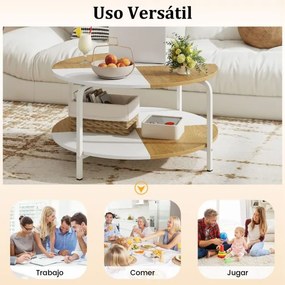 Mesa redonda de centro 80 cm de 2 níveis com prateleira e estrutura metálica Branco e Natural