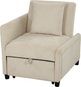 Poltrona-cama de 1 lugar, poltrona-cama clic-clac 4 em 1 com estofo em chenille, encosto ajustável, assento largo, bege