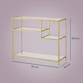 Mesa consola em vidro e metal 35 x 100 x 80 cm, com prateleiras, para corredor ou sala de estar dourado