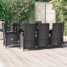 vidaXL 9 pcs conjunto de jantar p/ jardim c/ almofadões vime PE preto