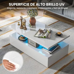 Mesa de centro110 x 60 x 40 cm com LED de 2 níveis com cores de luz ajustáveis em formato retangular contemporâneo para sala de estar Branca