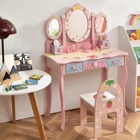 Conjunto de Toucador para Crianças com Mesa e Cadeira Mesa de Maquilhagem 2 em 1 com Espelho Tri-Flex Destacável e Gavetas Princesa Rosa