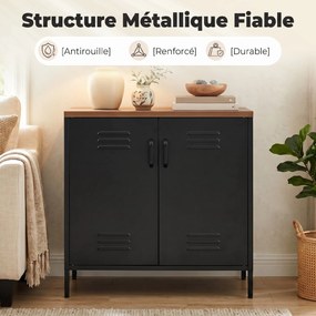 Aparador metálico para sala 80 x 40 x 80 cm, móvel de arrumação industrial com 2 portas e prateleira ajustável, preto