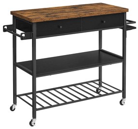 Prateleira de cozinha multifuncional com ilha e rodas | VASAGLE | 119 x 45 x 91 cm | castanho/preto | KKI003B01.