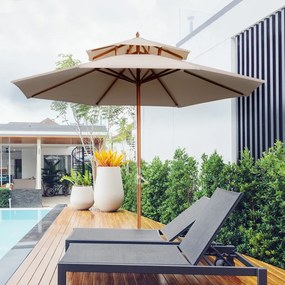 Guarda-sol de madeira, vertical (BASE NÃO INCLUIDA), com 2 telas de poliéster de 180 g/m², diâmetro 2,7 m x 2,6 m de altura, bege