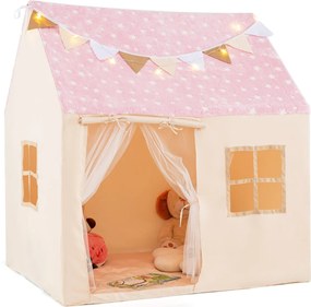 Tenda Casa para crianças infantil 119 x 104 x 129 cm com cortinas, janelas, luzes, bandeirinhas e tapete acolchoado interior rosa