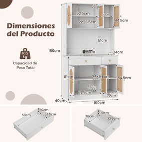 Armário de cozinha 100 x 40 x 180 cm com Estação de carregamento 6 portas Rattan Estilo boho,  2 gavetas 4 prateleiras ajustáveis Branco e Natural
