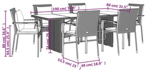 7 pcs conjunto de jantar p/ jardim c/ almofadões vime PE preto