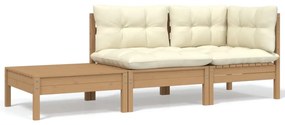 vidaXL 3 pcs conjunto lounge jardim c/ almofadões creme pinho maciço