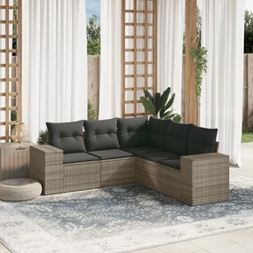 5 pcs conjunto sofás de jardim c/ almofadões vime PE cinzento